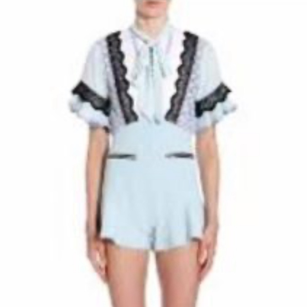 Self-Portrait Powder Blue Romper with Black Lace Trim